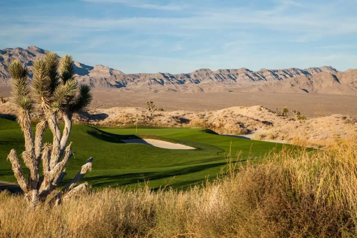 view of a hole at the Las Vegas Paiute Golf Resort with the rugged nevada landscape as the backdrop