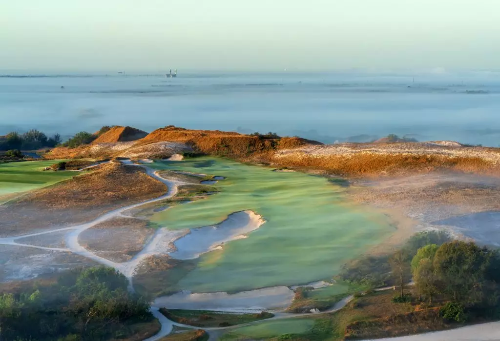 aerial view of hole number 18 at  Red Course at streamsong resort