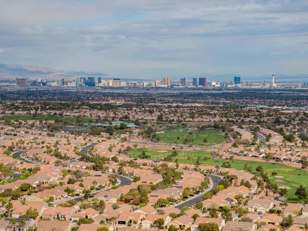Beautiful aerial view of golf course in las vegas with the strip view in the background