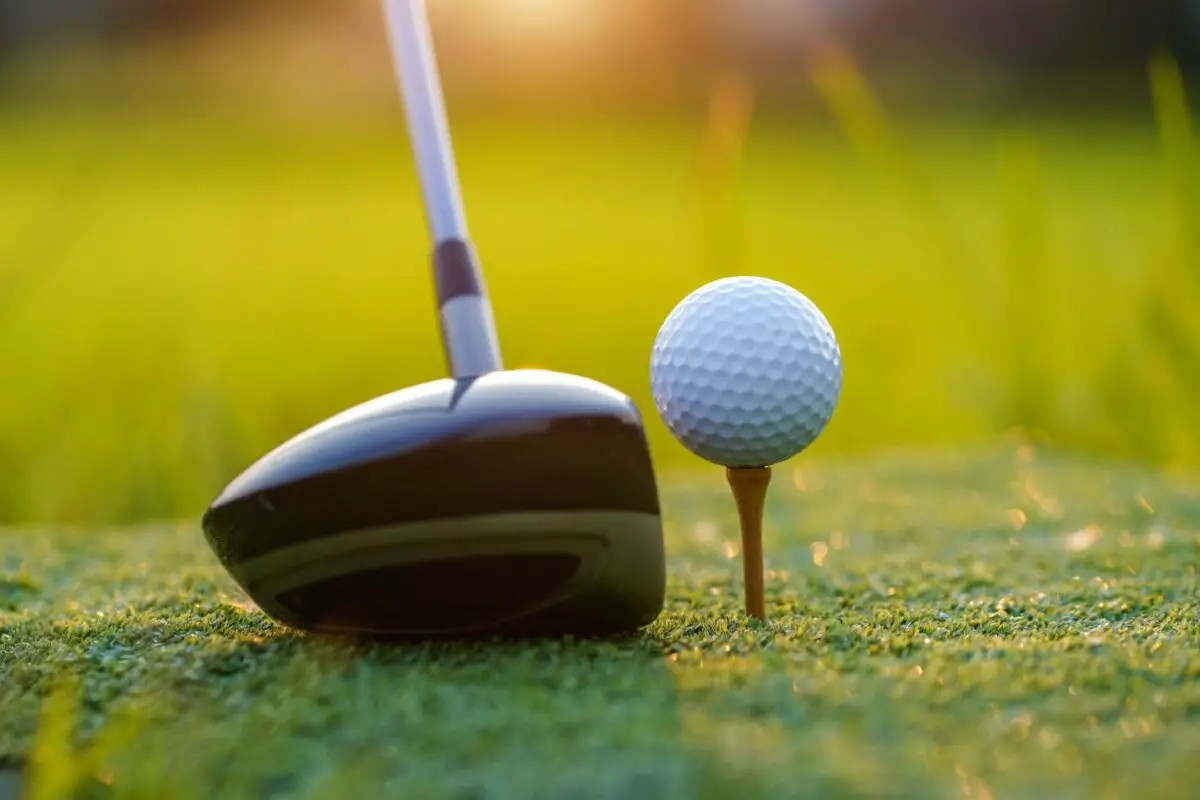 a golf putter right next to a golf ball on a tee